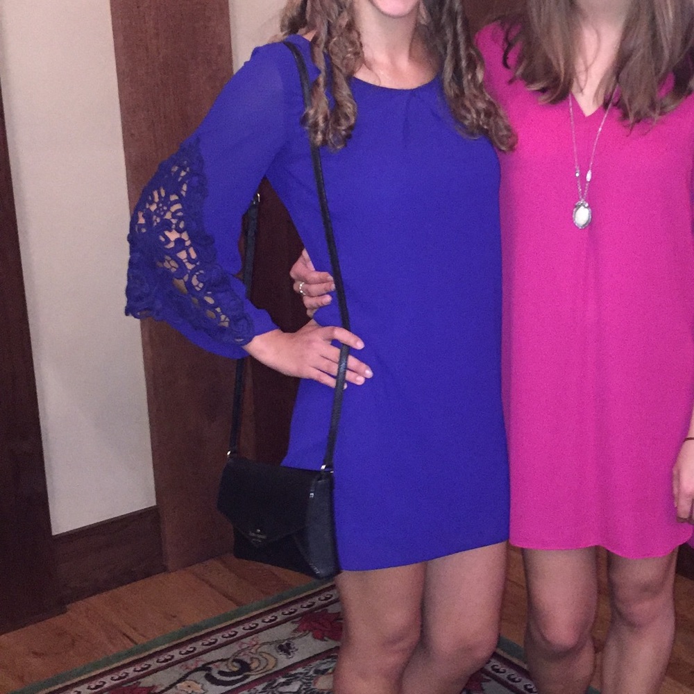 Navy blue formal shift dress with arm detail